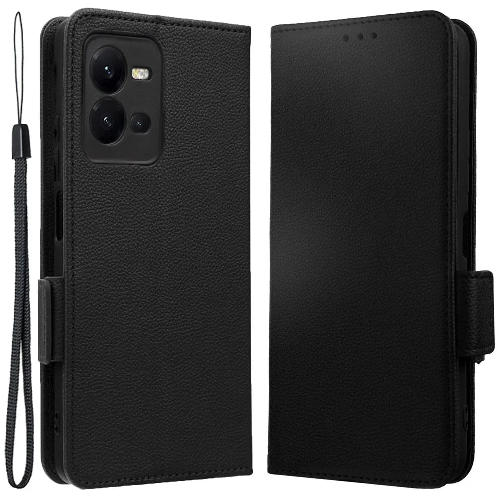 For vivo V25 5G / V25e 4G / X80 Lite 5G Litchi Texture Wallet Phone Case PU Leather Flip Stand Dual Magnetic Clasp Protective Cover with Strap - Black - 1