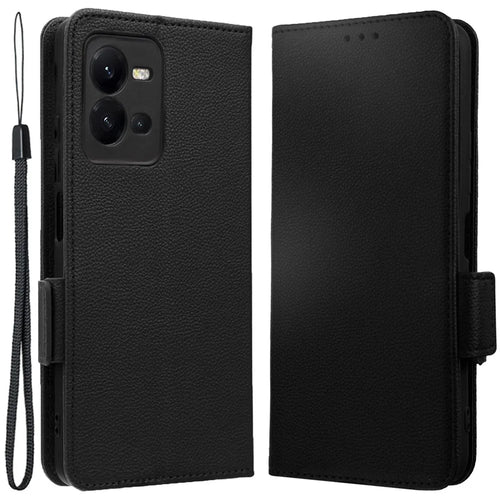 For vivo V25 5G / V25e 4G / X80 Lite 5G Litchi Texture Wallet Phone Case PU Leather Flip Stand Dual Magnetic Clasp Protective Cover with Strap - Black - 1