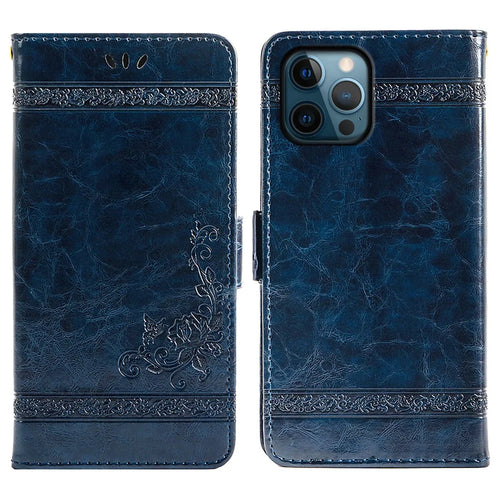 For iPhone 14 Pro Waxy Texture Leather Cell Phone Case Wallet Imprinted Flower Folio Cover Stand Shell - Blue - 1