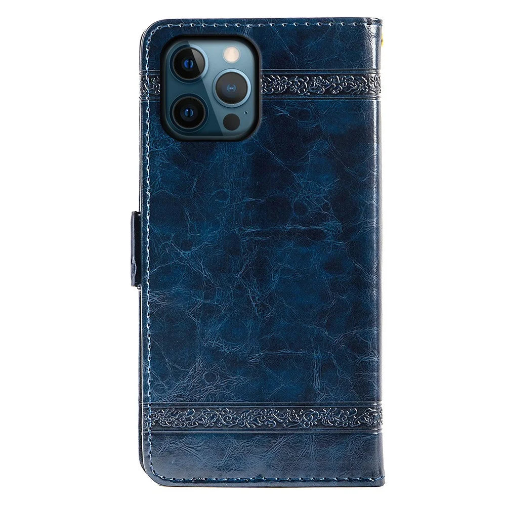 For iPhone 14 Pro Waxy Texture Leather Cell Phone Case Wallet Imprinted Flower Folio Cover Stand Shell - Blue - 7