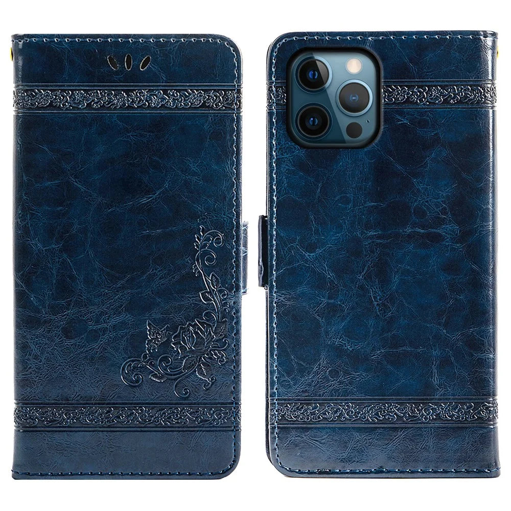 For iPhone 14 Pro Max Wallet Phone Case Waxy Texture Imprinted Flower Anti-Scratch Folio Cover PU Leather Stand Shell - Blue - 1
