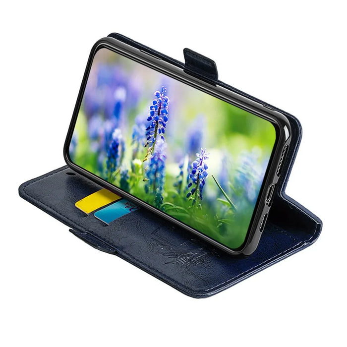For iPhone 14 Pro Max Wallet Phone Case Waxy Texture Imprinted Flower Anti-Scratch Folio Cover PU Leather Stand Shell - Blue - 3