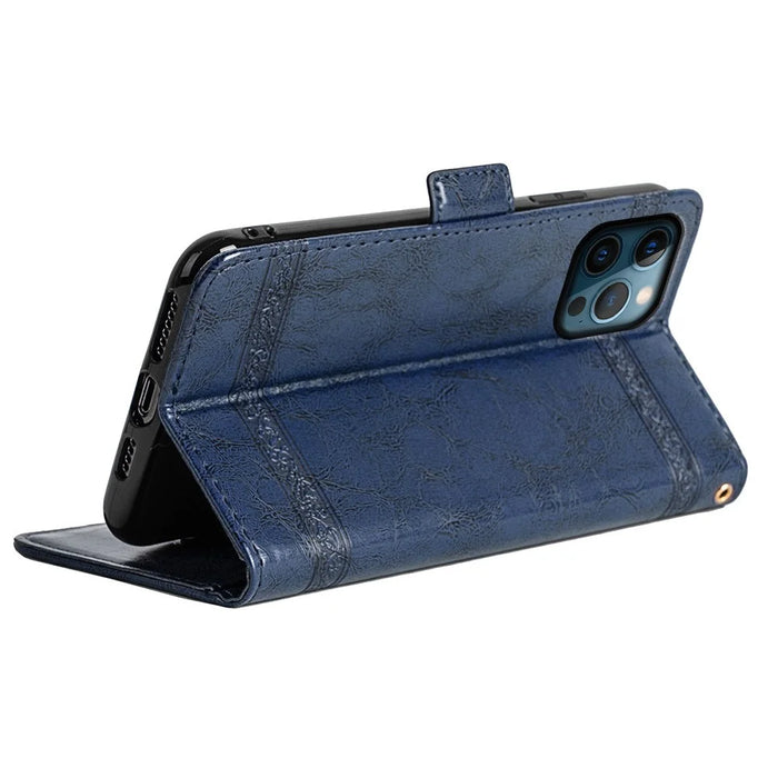 For iPhone 14 Pro Max Wallet Phone Case Waxy Texture Imprinted Flower Anti-Scratch Folio Cover PU Leather Stand Shell - Blue - 4