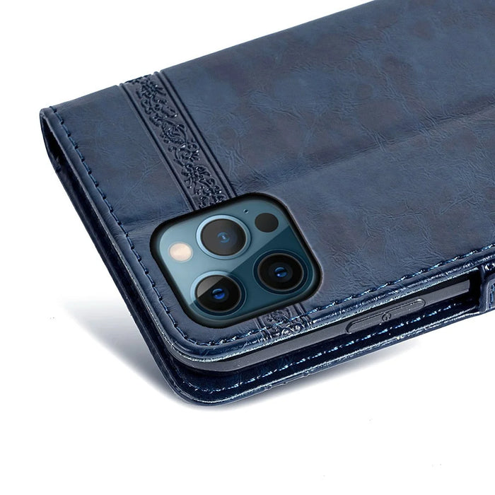 For iPhone 14 Pro Max Wallet Phone Case Waxy Texture Imprinted Flower Anti-Scratch Folio Cover PU Leather Stand Shell - Blue - 5