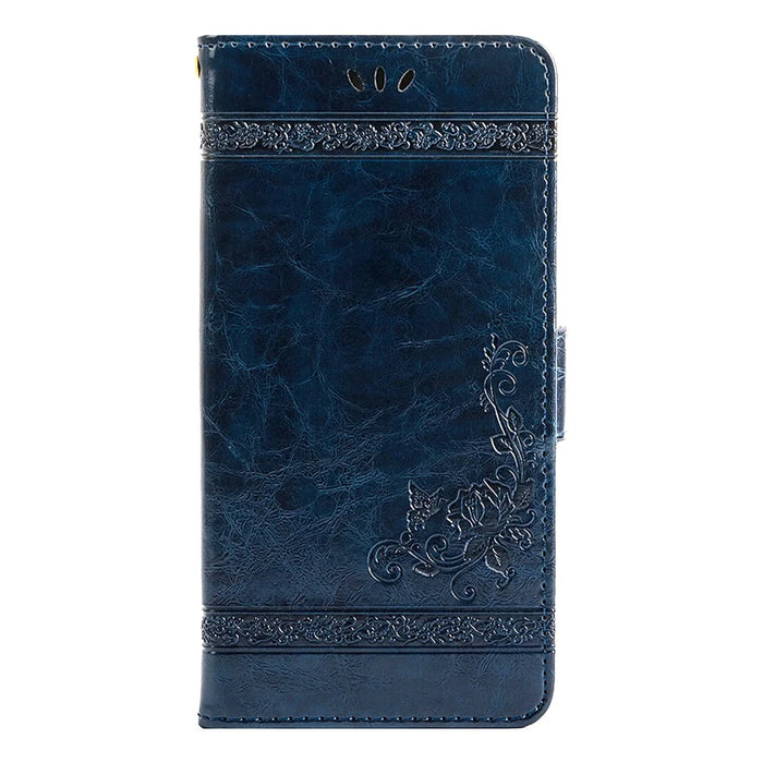 For iPhone 14 Pro Max Wallet Phone Case Waxy Texture Imprinted Flower Anti-Scratch Folio Cover PU Leather Stand Shell - Blue - 6
