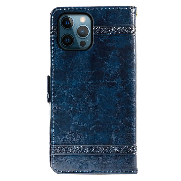 For iPhone 14 Pro Max Wallet Phone Case Waxy Texture Imprinted Flower Anti-Scratch Folio Cover PU Leather Stand Shell - Blue - 7