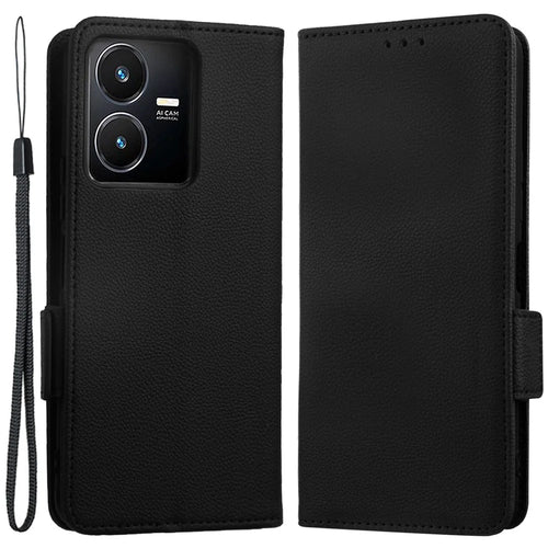 For vivo Y22 4G / Y22s 4G / Y35 4G (2022) Magnetic Phone Cover Litchi Texture Wallet Adjustable Stand PU Leather Flip Phone Case with Strap - Black - 1