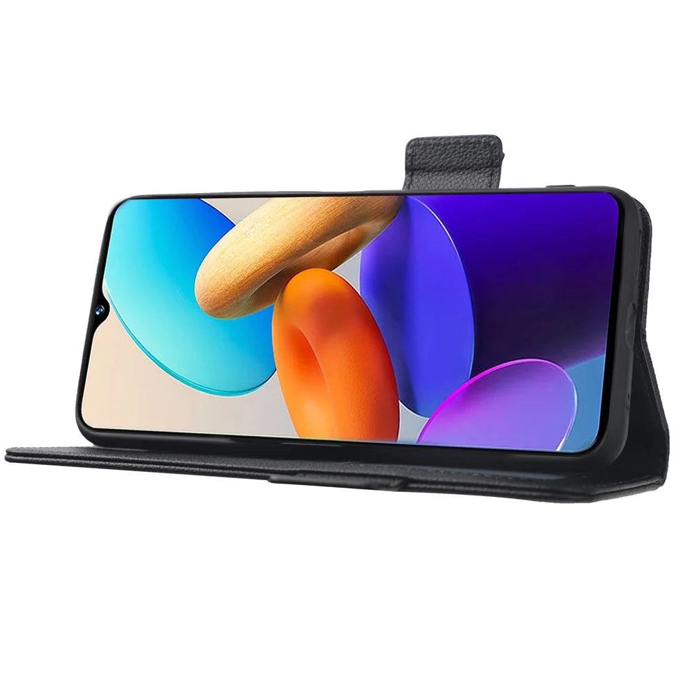 For vivo Y22 4G / Y22s 4G / Y35 4G (2022) Magnetic Phone Cover Litchi Texture Wallet Adjustable Stand PU Leather Flip Phone Case with Strap - Black - 3