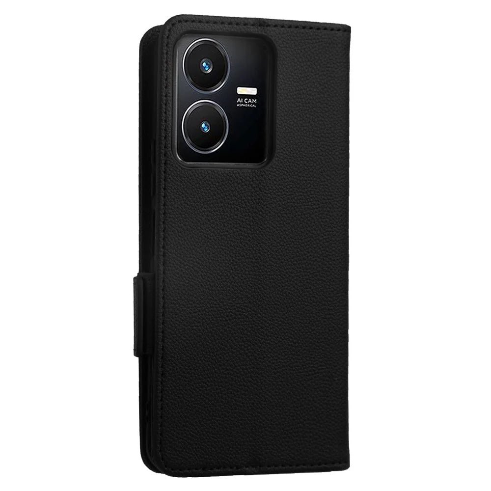 For vivo Y22 4G / Y22s 4G / Y35 4G (2022) Magnetic Phone Cover Litchi Texture Wallet Adjustable Stand PU Leather Flip Phone Case with Strap - Black - 7