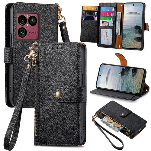 For Sony Xperia 1 VIII Case RFID Blocking Zipper Pocket Leather Wallet Phone Cover with Strap - Black - 1