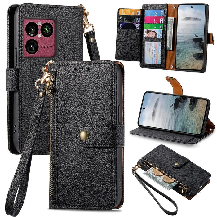 For Sony Xperia 1 VIII Case RFID Blocking Zipper Pocket Leather Wallet Phone Cover with Strap - Black - 1