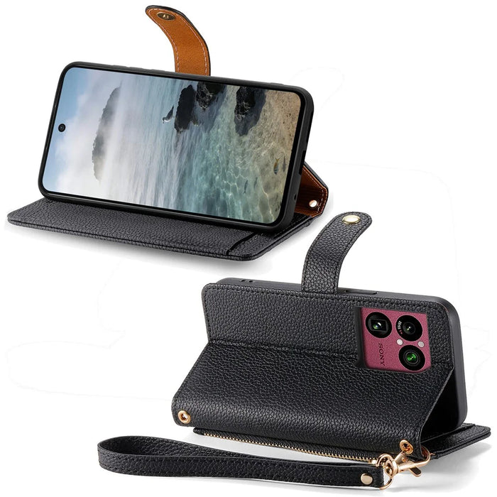 For Sony Xperia 1 VIII Case RFID Blocking Zipper Pocket Leather Wallet Phone Cover with Strap - Black - 3