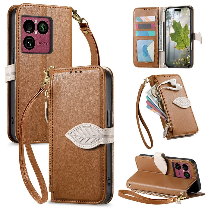 For Sony Xperia 1 VIII Stand Case Leaf Shape Magnetic Clasp Leather Phone Cover with Hand Strap - Brown - 1
