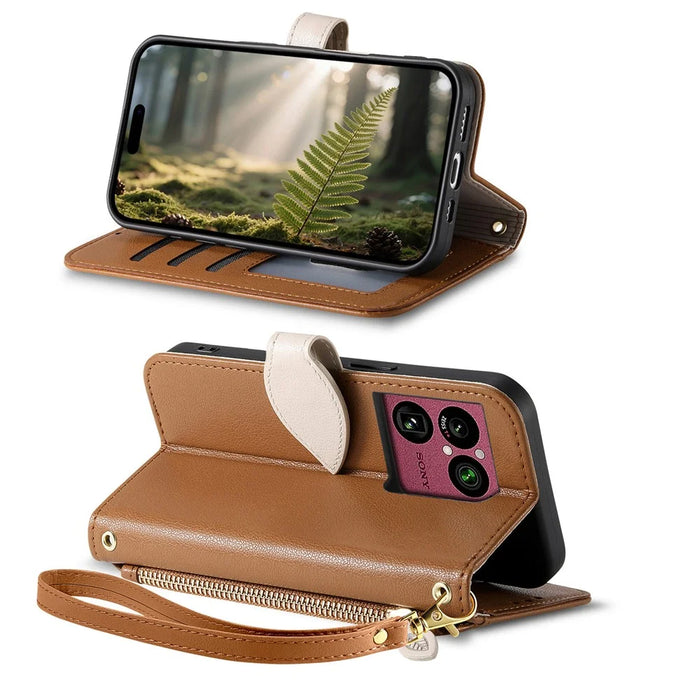 For Sony Xperia 1 VIII Stand Case Leaf Shape Magnetic Clasp Leather Phone Cover with Hand Strap - Brown - 4