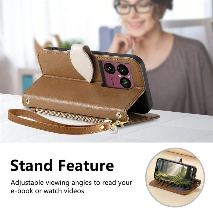 For Sony Xperia 1 VIII Stand Case Leaf Shape Magnetic Clasp Leather Phone Cover with Hand Strap - Brown - 5