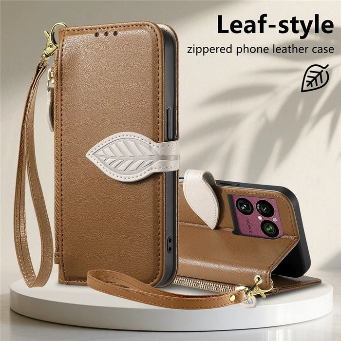 For Sony Xperia 1 VIII Stand Case Leaf Shape Magnetic Clasp Leather Phone Cover with Hand Strap - Brown - 6