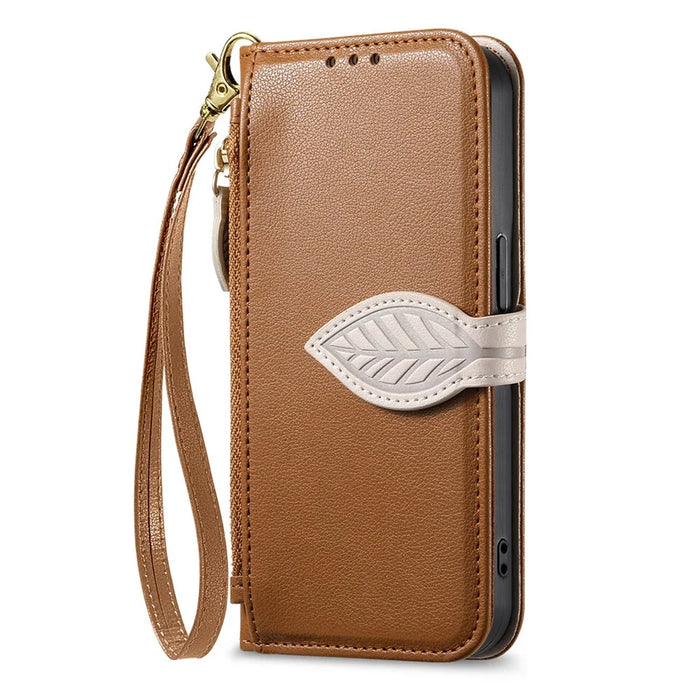 For Sony Xperia 1 VIII Stand Case Leaf Shape Magnetic Clasp Leather Phone Cover with Hand Strap - Brown - 7