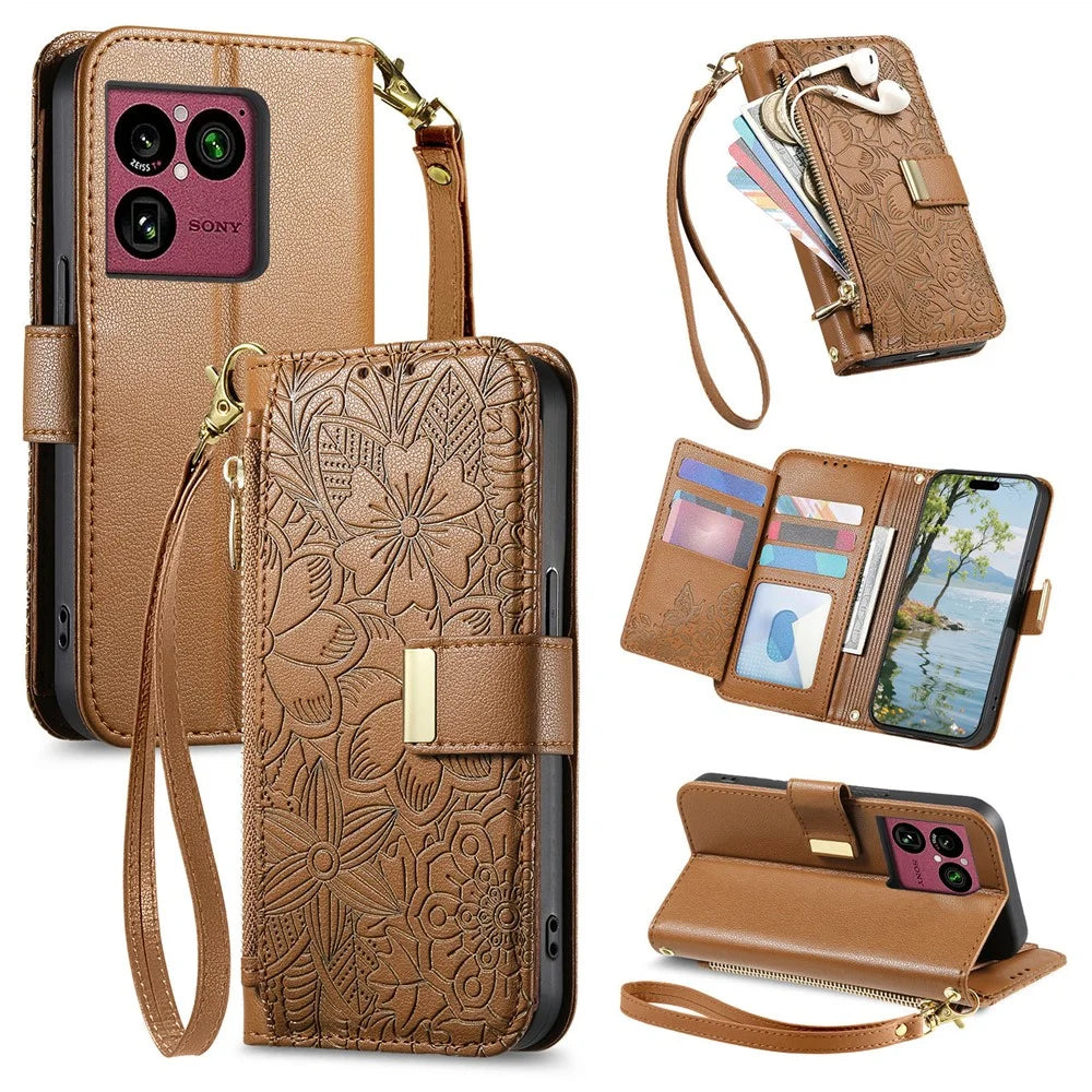 For Sony Xperia 1 VIII Case Floral Leaf Pattern Multi Card Slots Zipper Leather Phone Cover with Wrist Strap - Brown - 1