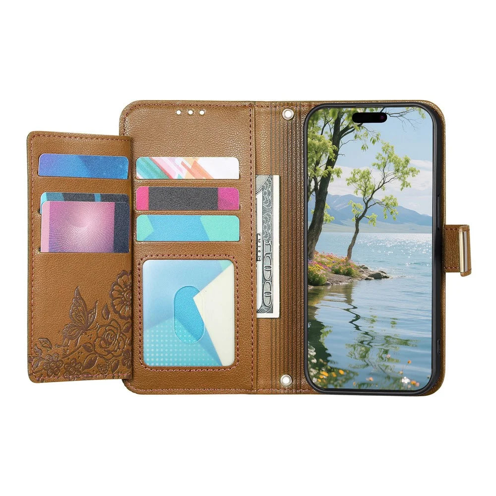 For Sony Xperia 1 VIII Case Floral Leaf Pattern Multi Card Slots Zipper Leather Phone Cover with Wrist Strap - Brown - 2