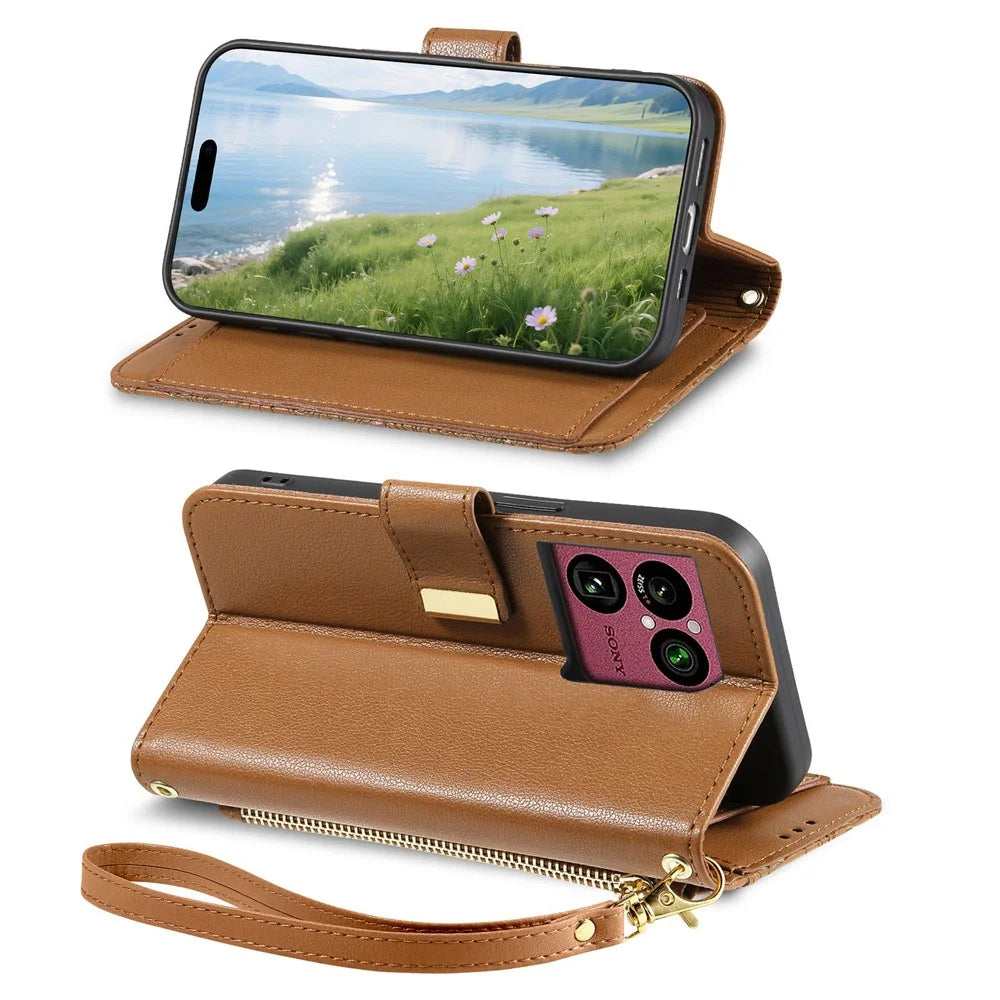 For Sony Xperia 1 VIII Case Floral Leaf Pattern Multi Card Slots Zipper Leather Phone Cover with Wrist Strap - Brown - 4