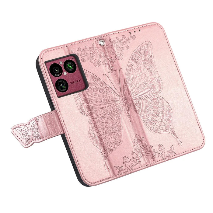 For Sony Xperia 1 VIII Case with Strap Butterfly Pattern PU Leather Wallet Phone Cover - Rose Gold - 4