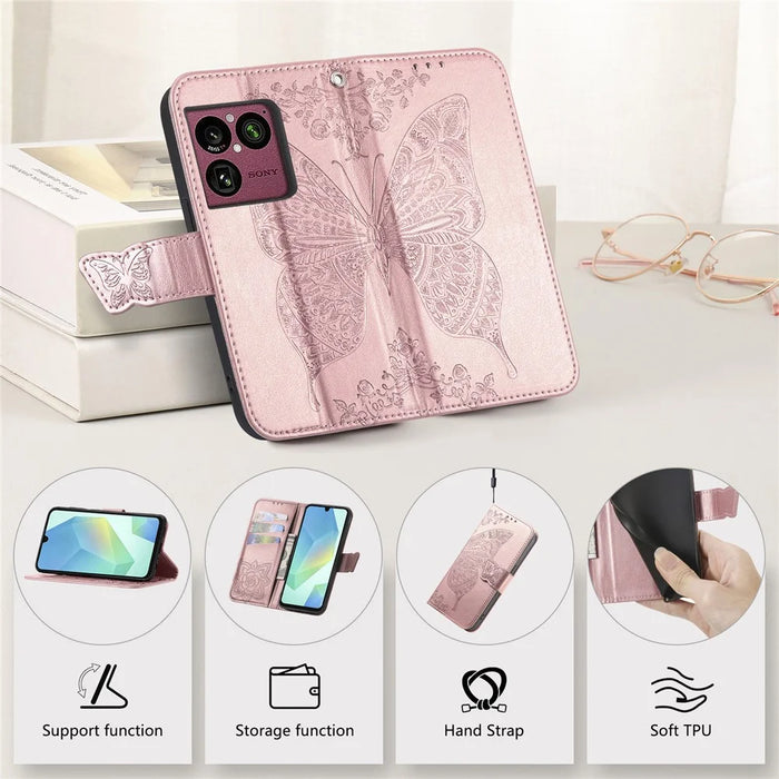 For Sony Xperia 1 VIII Case with Strap Butterfly Pattern PU Leather Wallet Phone Cover - Rose Gold - 6