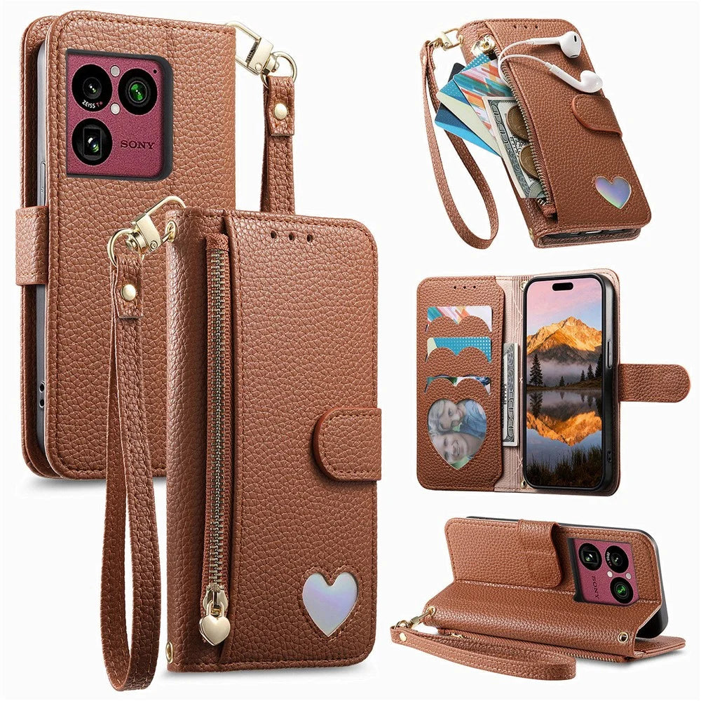 For Sony Xperia 1 VIII Case Zipper Pocket TPU PU Leather Wallet Phone Cover with Strap - Brown - 1
