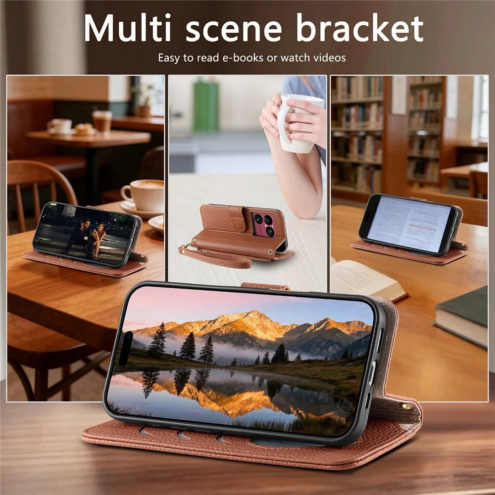 For Sony Xperia 1 VIII Case Zipper Pocket TPU PU Leather Wallet Phone Cover with Strap - Brown - 6