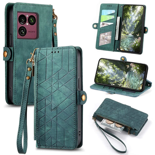 For Sony Xperia 1 VIII Case Zipper Wallet Geometry Lines Leather Phone Cover with Strap - Green - 1