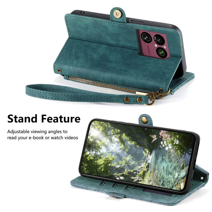 For Sony Xperia 1 VIII Case Zipper Wallet Geometry Lines Leather Phone Cover with Strap - Green - 3