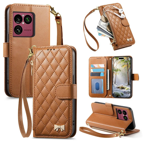 For Sony Xperia 1 VIII Stand Case Imprint TPU PU Leather Zipper Pocket Wallet Phone Cover with Strap - Brown - 1