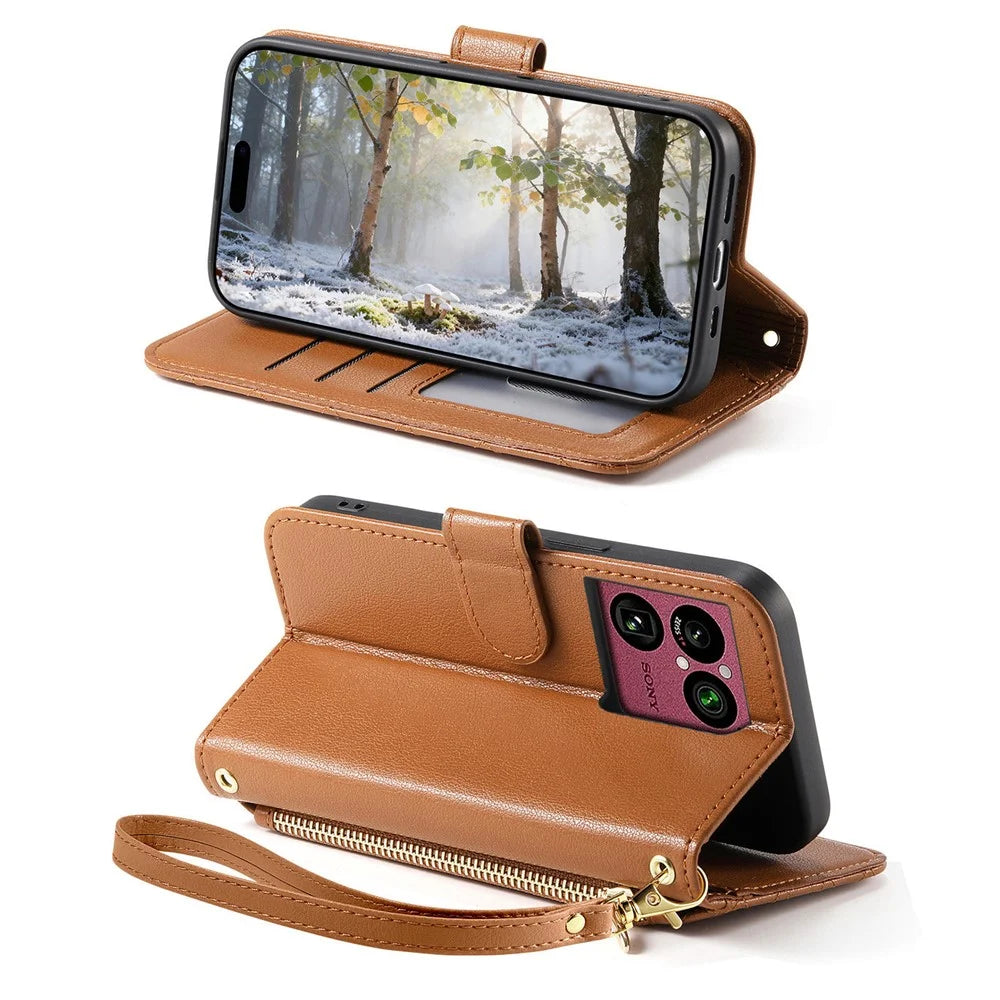 For Sony Xperia 1 VIII Stand Case Imprint TPU PU Leather Zipper Pocket Wallet Phone Cover with Strap - Brown - 4