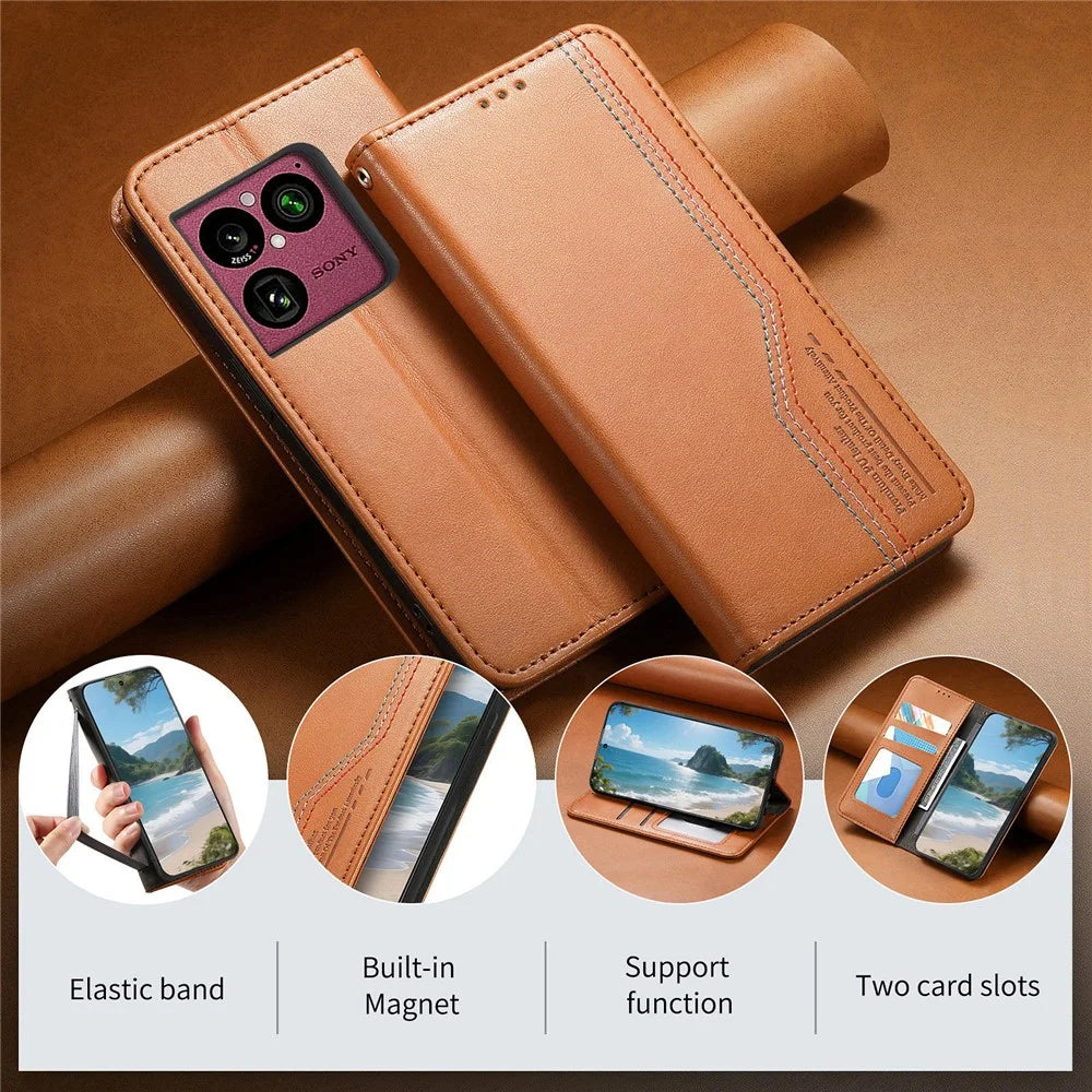 For Sony Xperia 1 VIII Case Wallet Tri-Color Stitching Leather Phone Cover with Elastic Wristband - Brown - 4