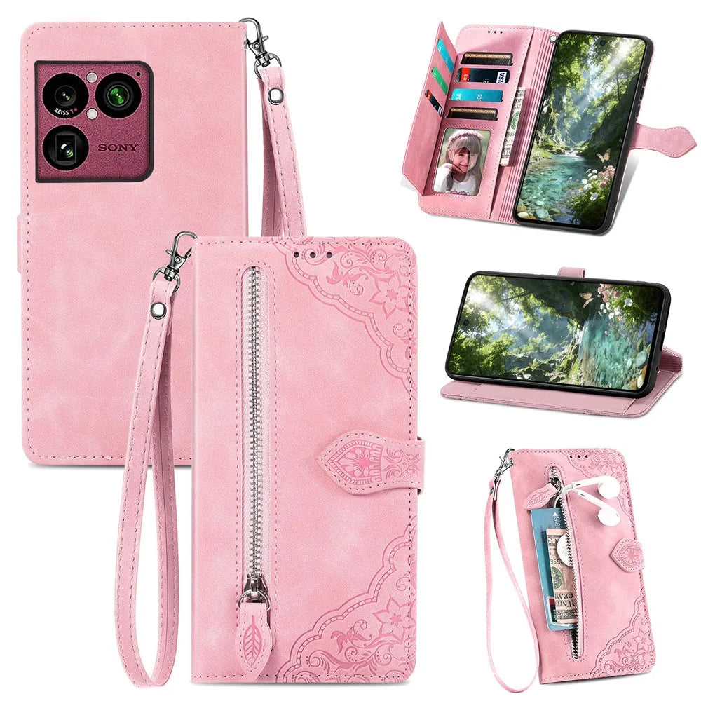 For Sony Xperia 1 VIII Zipper Wallet Case with Strap Flower Imprint PU Leather Phone Cover - Pink - 1