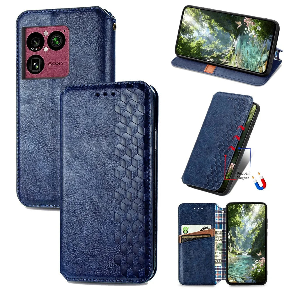 For Sony Xperia 1 VIII Case Rhombus Imprint PU Leather Wallet Phone Cover - Blue - 1