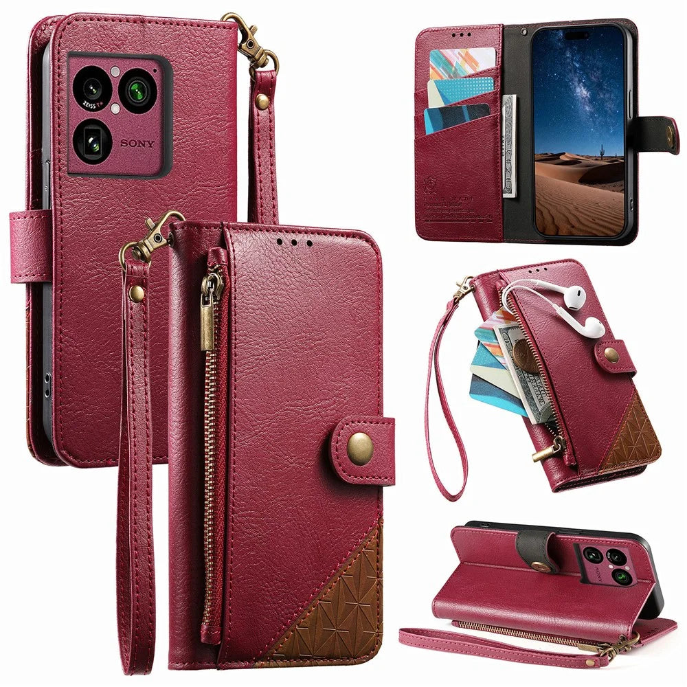 For Sony Xperia 1 VIII Case Color Splicing TPU PU Leather Flip Shockproof Phone Cover with Wrist Strap - Red - 1
