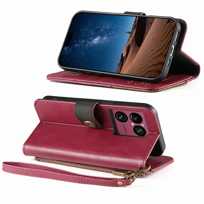 For Sony Xperia 1 VIII Case Color Splicing TPU PU Leather Flip Shockproof Phone Cover with Wrist Strap - Red - 2