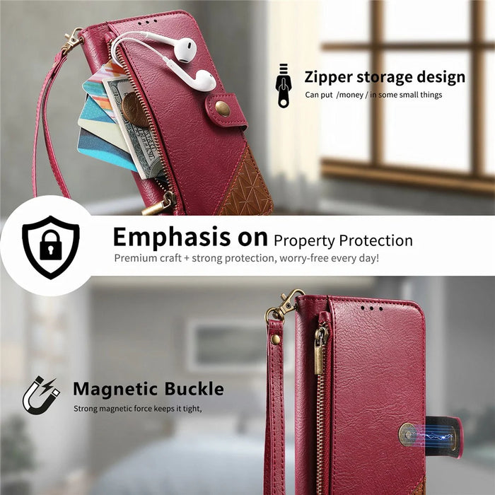 For Sony Xperia 1 VIII Case Color Splicing TPU PU Leather Flip Shockproof Phone Cover with Wrist Strap - Red - 7