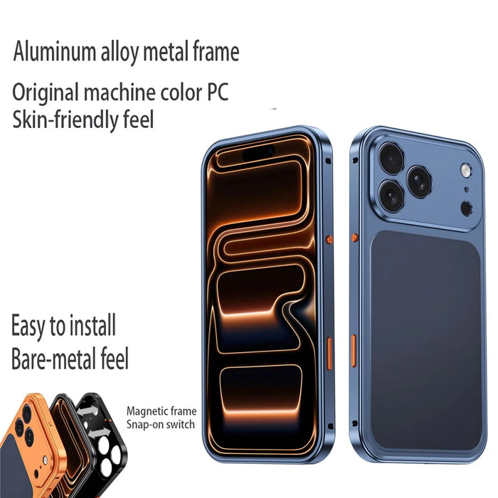 For iPhone 18 Pro / 17 Pro Metal Frame Case Magnetic Snap On Frame PC Hollow Back Heat Dissipation Shockproof Cover - Titanium Orange - 3