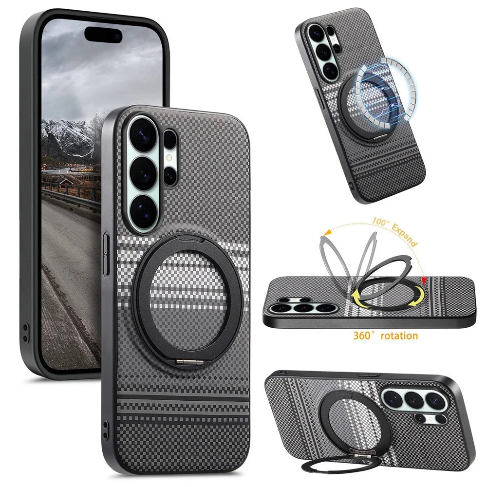 For Samsung Galaxy S26 Ultra Magnetic Case Rotation Kickstand PU Leather + TPU Phone Cover - Black - 1