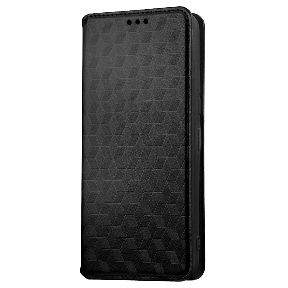 For TCL Ion Z Stand Wallet Phone Case, Fall Resistant Imprinted Rhombus Pattern PU Leather Magnetic Auto-absorbed Folio Flip Cover - Black - 6