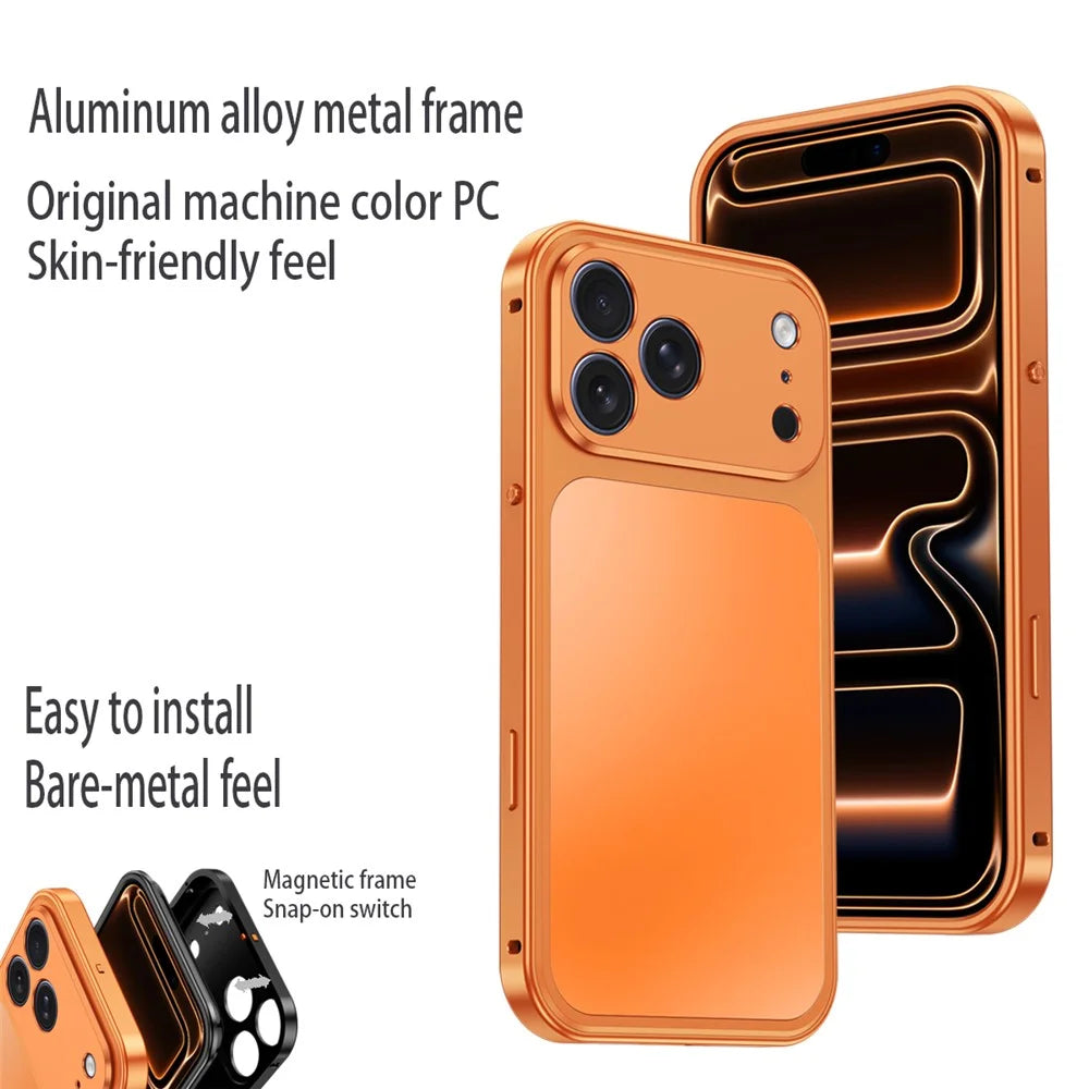 For iPhone 18 Pro Max / 17 Pro Max Magnetic Case Metal Frame PC Back Phone Cover with Pop-Up Buckle - Orange - 2