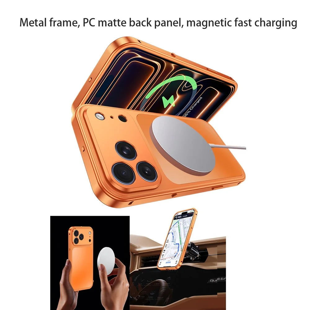 For iPhone 18 Pro Max / 17 Pro Max Magnetic Case Metal Frame PC Back Phone Cover with Pop-Up Buckle - Orange - 3