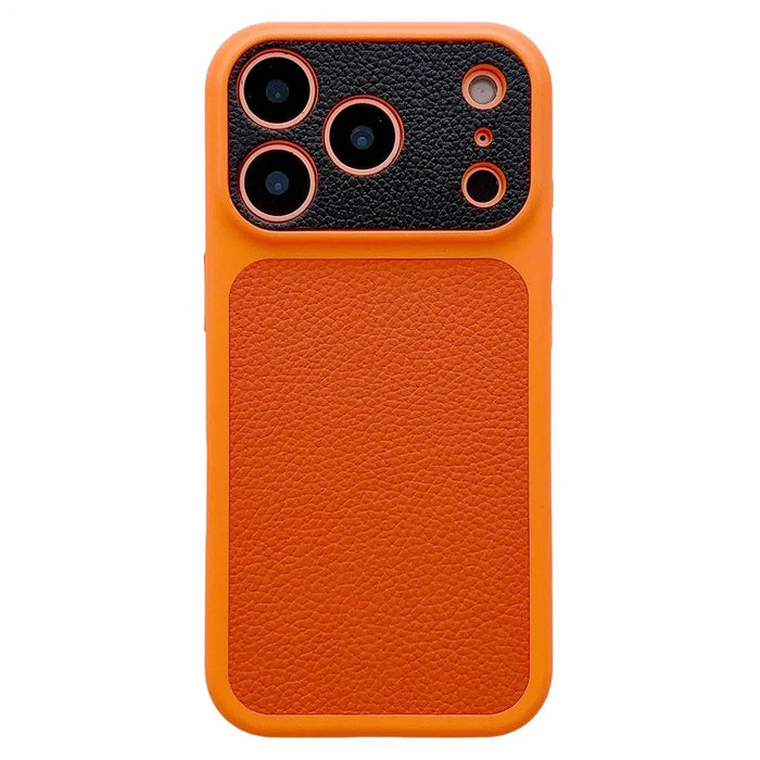 For iPhone 17 Pro Case Litchi Texture Genuine Cow Leather Coated TPU + PC Protective Cover - Orange Shell / Orange+Black - 1