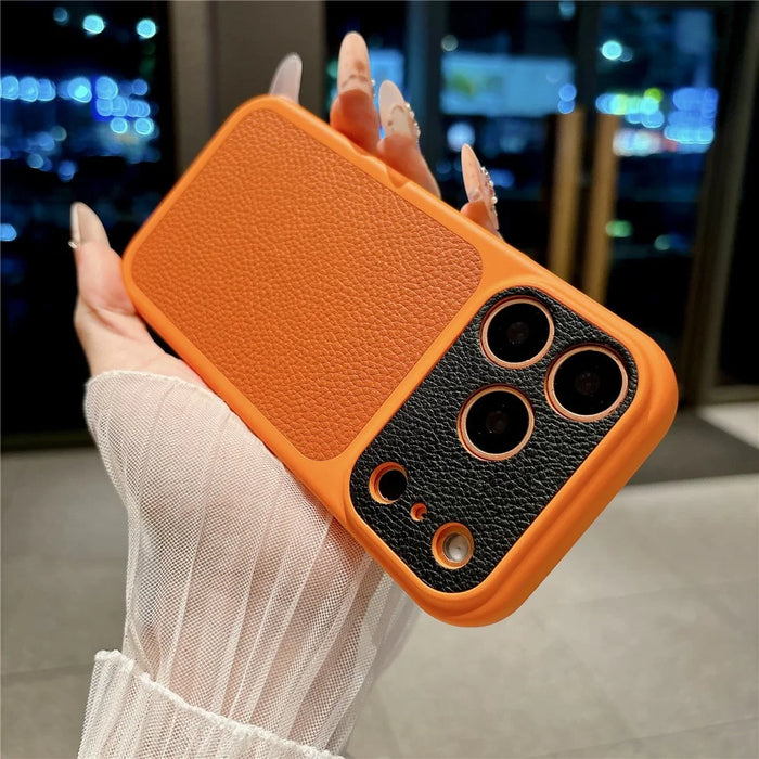 For iPhone 17 Pro Case Litchi Texture Genuine Cow Leather Coated TPU + PC Protective Cover - Orange Shell / Orange+Black - 3