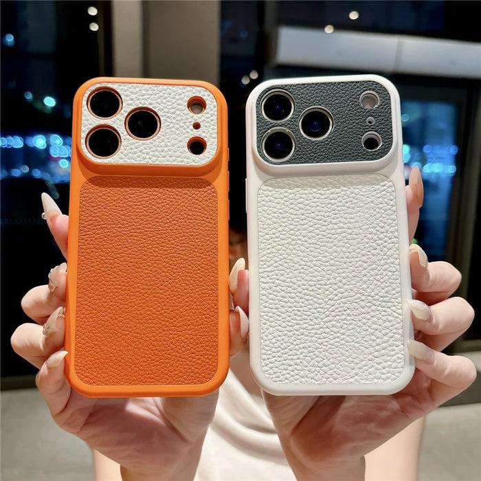 For iPhone 17 Pro Case Litchi Texture Genuine Cow Leather Coated TPU + PC Protective Cover - Orange Shell / Orange+Black - 4
