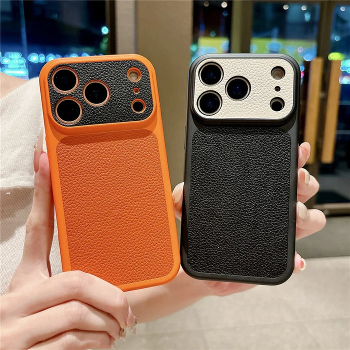 For iPhone 17 Pro Case Litchi Texture Genuine Cow Leather Coated TPU + PC Protective Cover - Orange Shell / Orange+Black - 5
