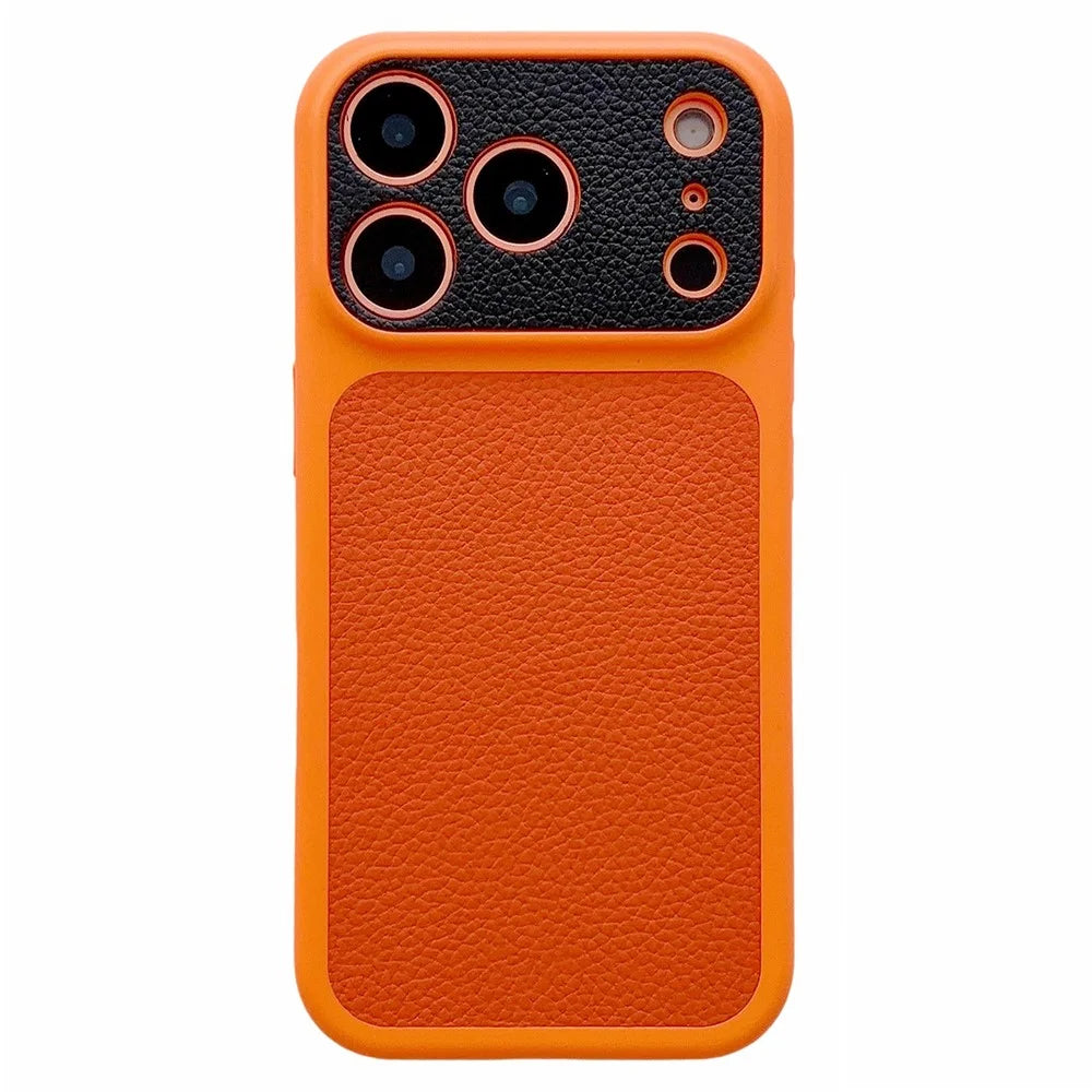 For iPhone 17 Pro Max Case Litchi Texture Genuine Cow Leather Coated TPU + PC Protective Cover - Orange Shell / Orange+Black - 1