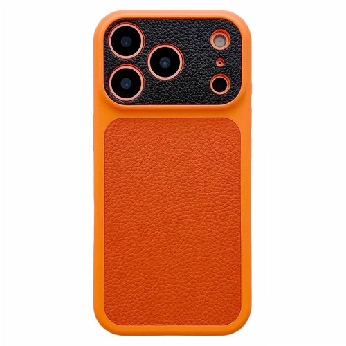 For iPhone 17 Pro Max Case Litchi Texture Genuine Cow Leather Coated TPU + PC Protective Cover - Orange Shell / Orange+Black - 1