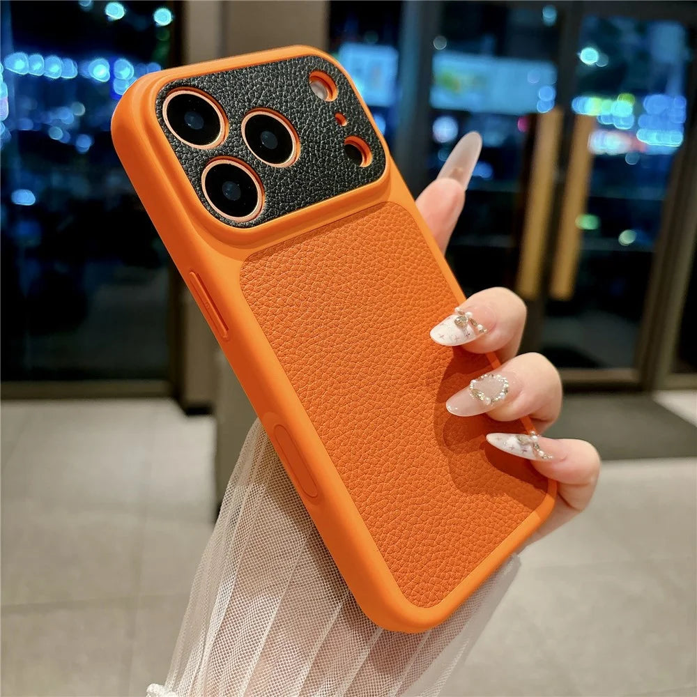 For iPhone 17 Pro Max Case Litchi Texture Genuine Cow Leather Coated TPU + PC Protective Cover - Orange Shell / Orange+Black - 2